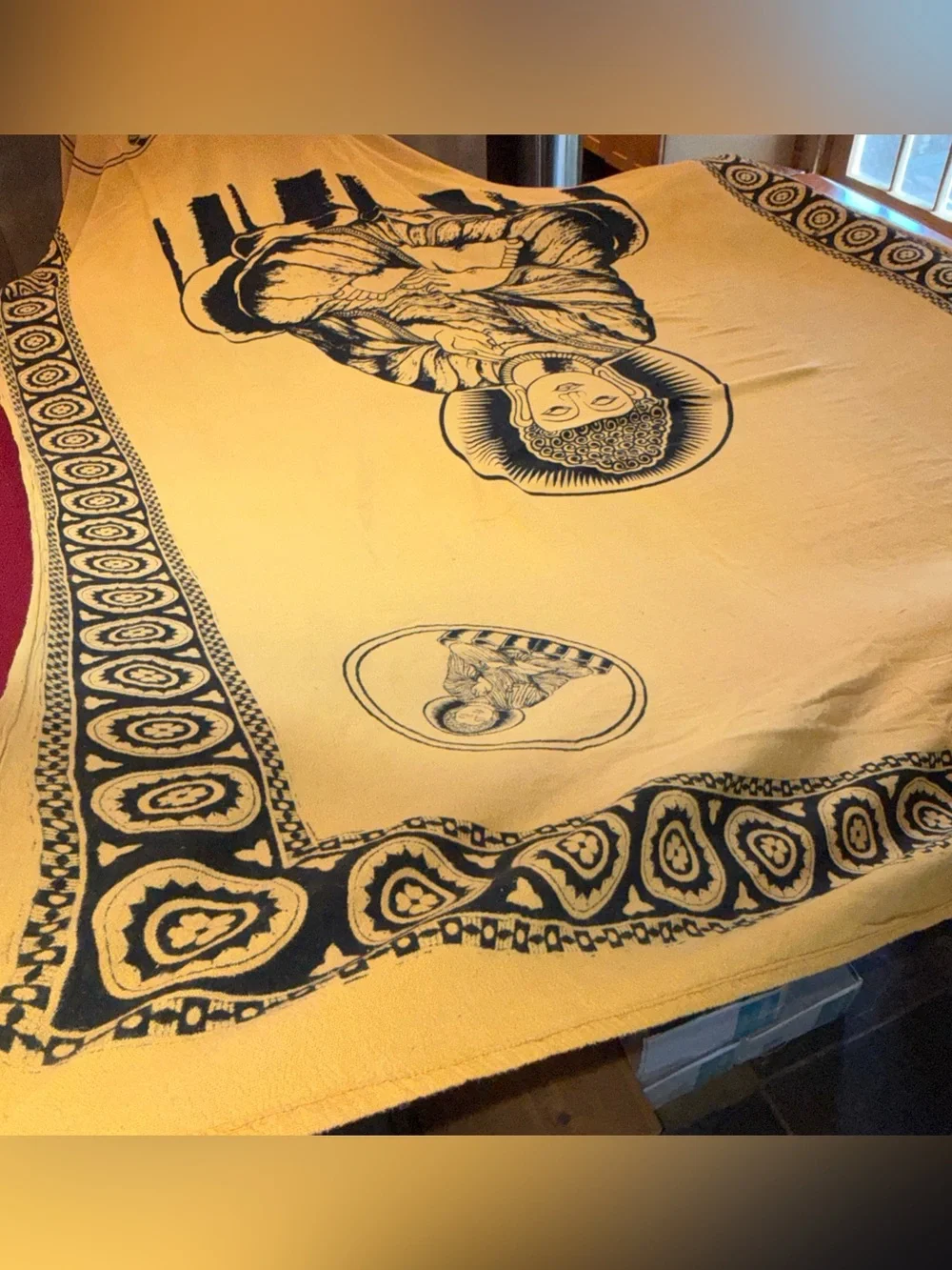 Buddha GOLD Black Cotton Tapestry BIG light Wt Blanket ART Wiccan 98x60” YOGA XL